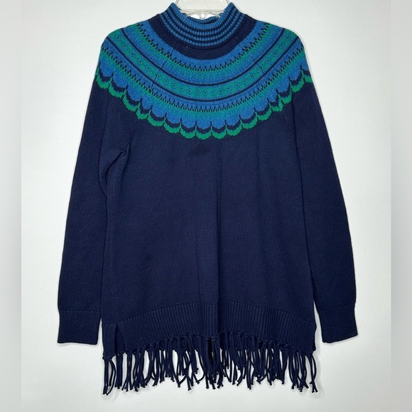 Isaac Mizrahi Live! Tops - Isaac Mizrahi Live Womens Navy Fair Isle Fringe Hem Mock Neck Tunic Sweater Sz M